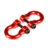 A pair of red metal alloy tow shackles for an RC crawler, featuring threaded hooks.