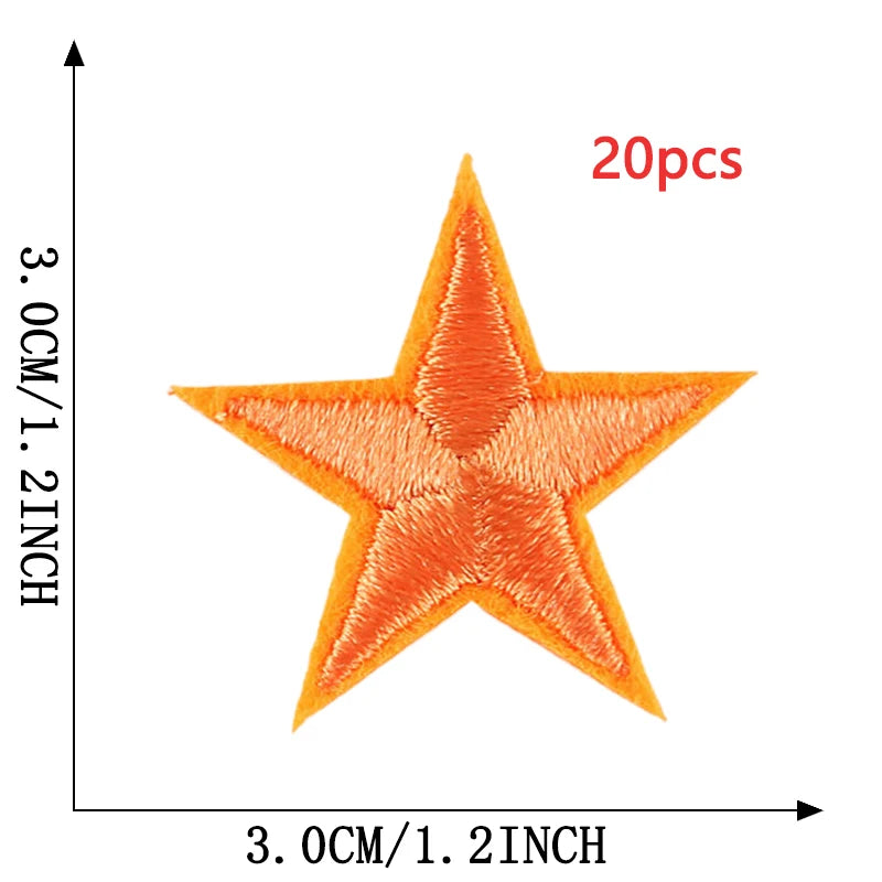 A single orange star embroidery patch is shown against a measurement scale, indicating its size is 3.0cm or 1.2inch.