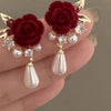 Vintage Velvet Rose Pearl Earrings for Women
