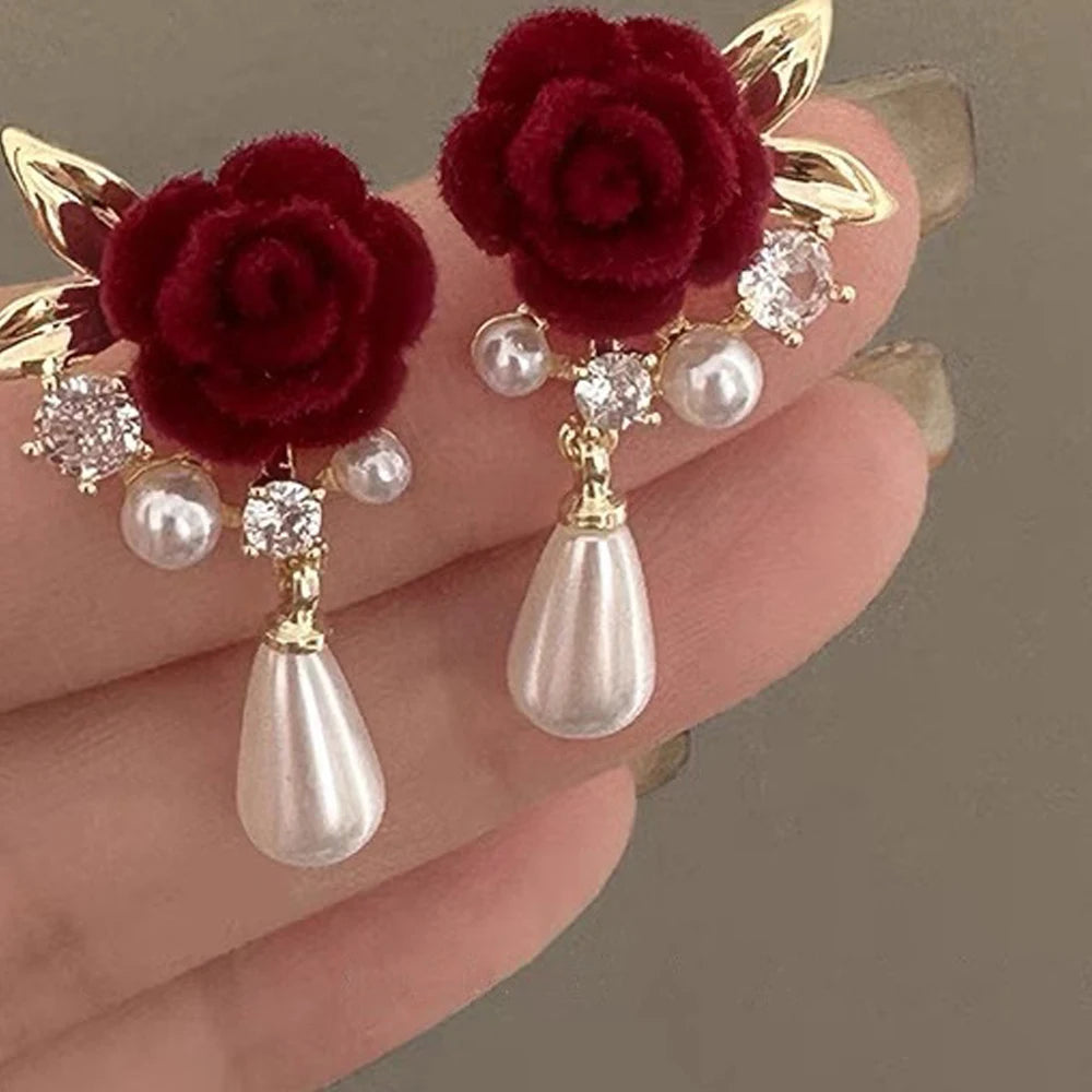 Vintage Velvet Rose Pearl Earrings for Women
