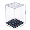Clear acrylic display case with a lid holding numerous small cylindrical slots for collectibles