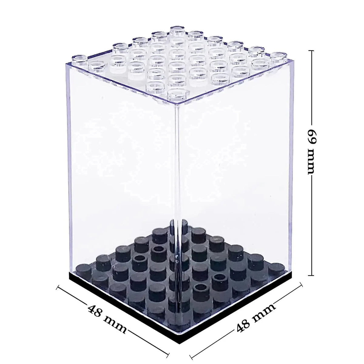 Clear acrylic display case with a lid holding numerous small cylindrical slots for collectibles