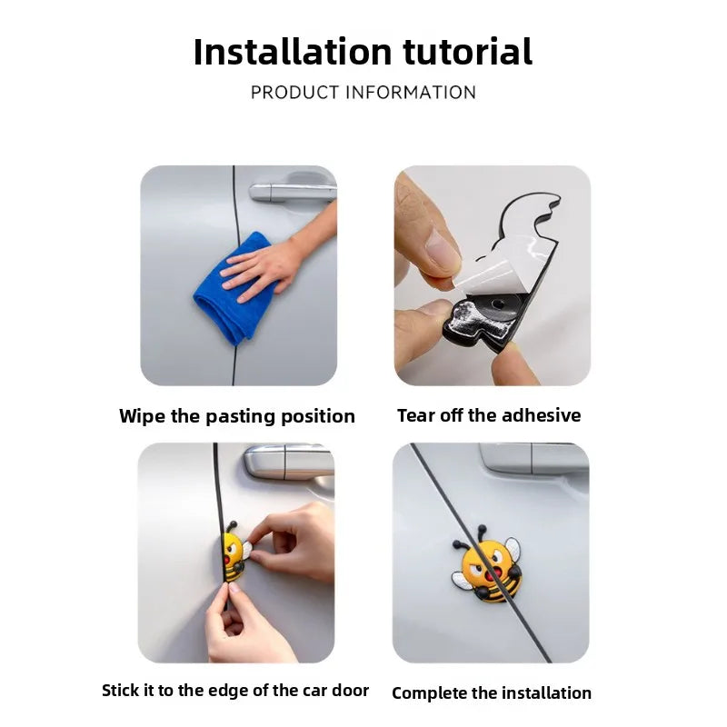 Installation tutorial showing how to apply a 3D cartoon bee door edge protector to a car door.