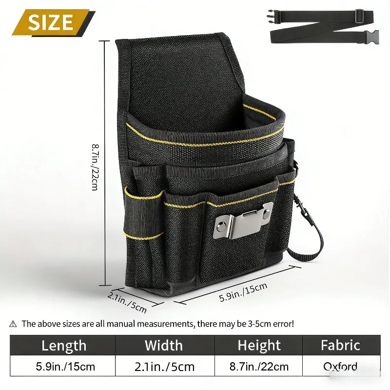 A black fabric tool bag with yellow trim and a buckle, shown with dimensions.