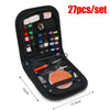 A black compact portable sewing kit set containing various needles, pins, and small tools.