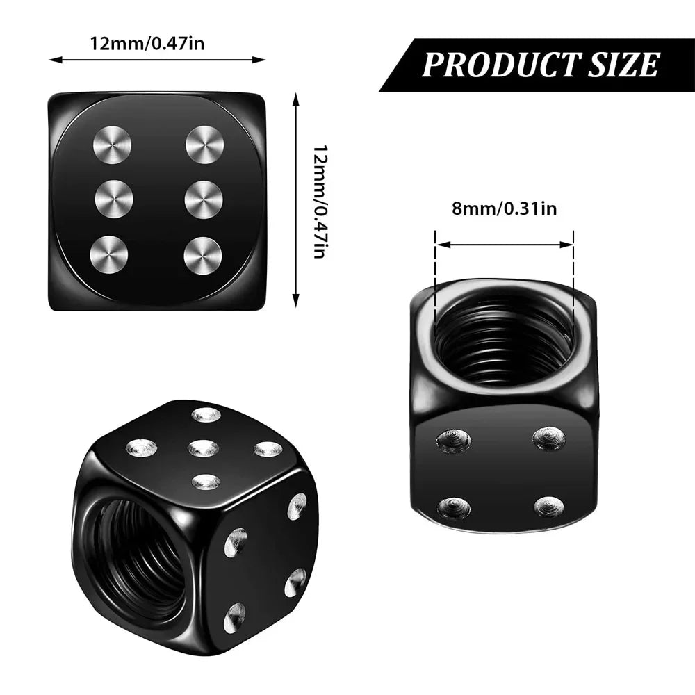 A set of four black aluminum alloy dice design tire valve caps shown with dimension lines.