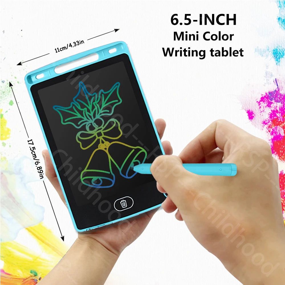 A hand holds a 6.5-inch Mini Color Writing tablet displaying a drawing of bells and foliage.