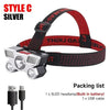 Silver style C headlamp with a red and black adjustable strap and an included USB cable.