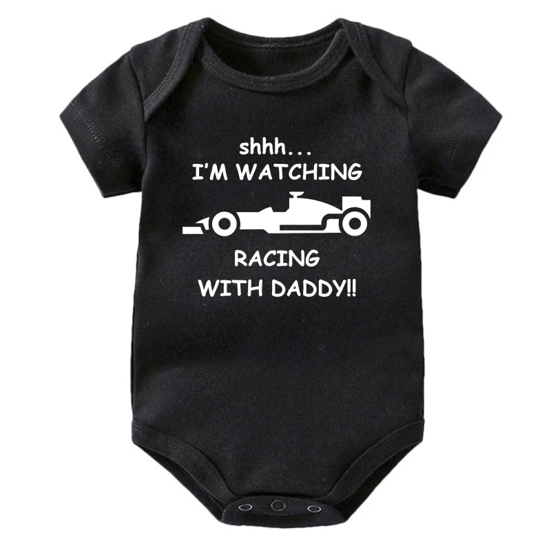 Funny Racing Baby Bodysuit - 'Watching Racing with Daddy' Newborn Romper