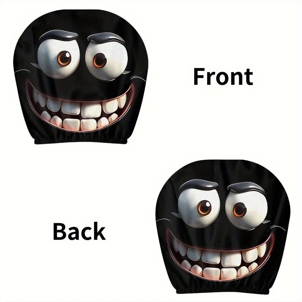 Front and back views of a black smiley face car headrest cushion cover set