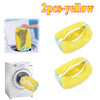 Two yellow reusable shoe washing bags shown in context with a washing machine.