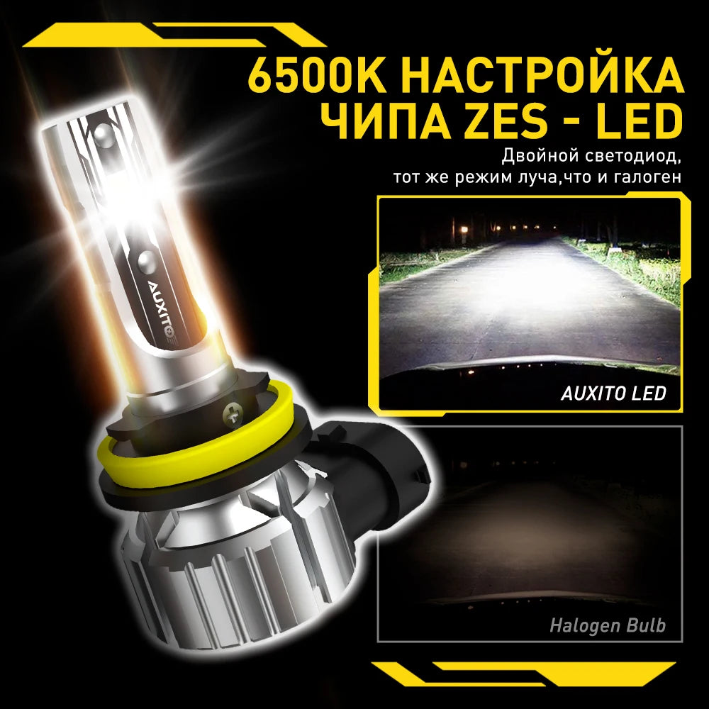 Vergleich von 6500K LED-Chiplicht, Halogen-Glühbirne und Auxito LED-Produkt.