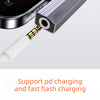 A silver adapter connects a device to a USB-C port, supporting PD charging and fast flash charging.
