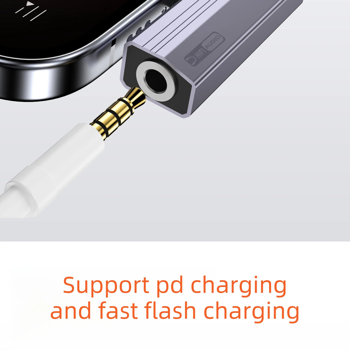 A silver adapter connects a device to a USB-C port, supporting PD charging and fast flash charging.