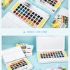 A watercolor paint set featuring a palette of 12 to 48 colors and water brush pens displayed in various packaging.