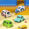 A set of five cute sliding cars in different designs including a white truck, blue car, green car, and yellow bus.