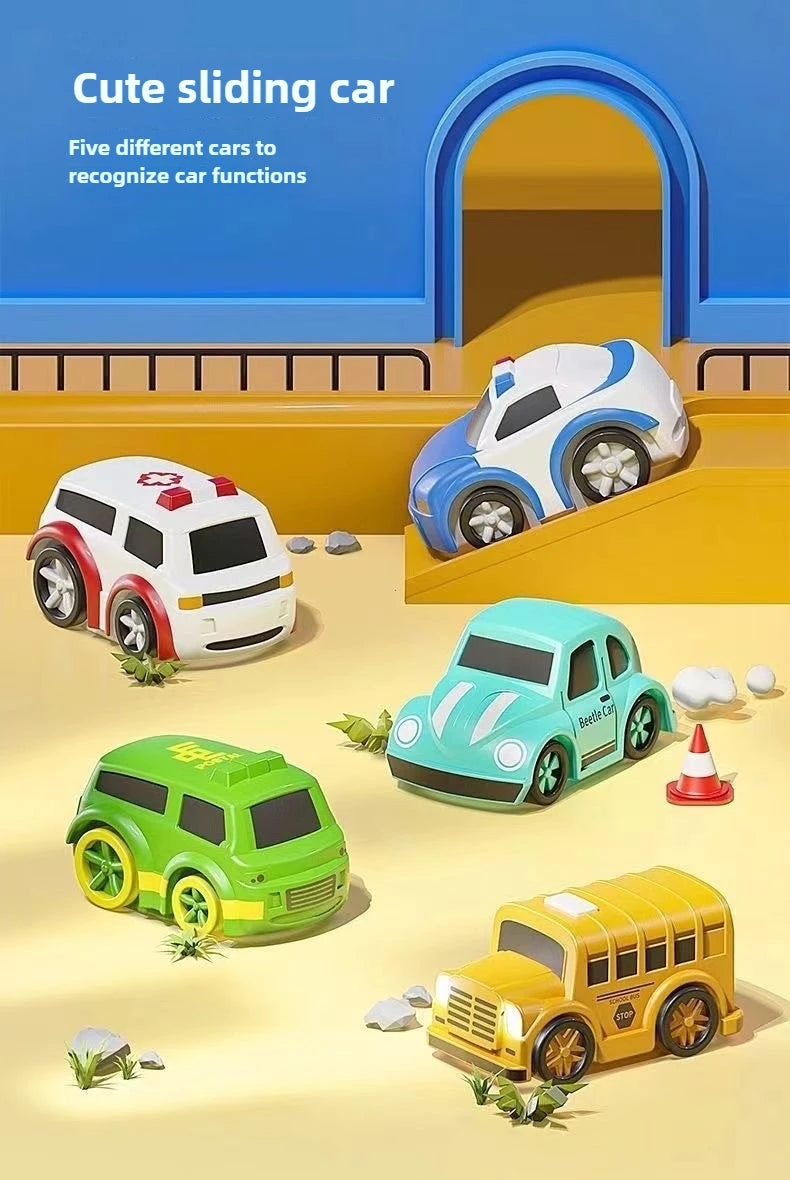 A set of five cute sliding cars in different designs including a white truck, blue car, green car, and yellow bus.