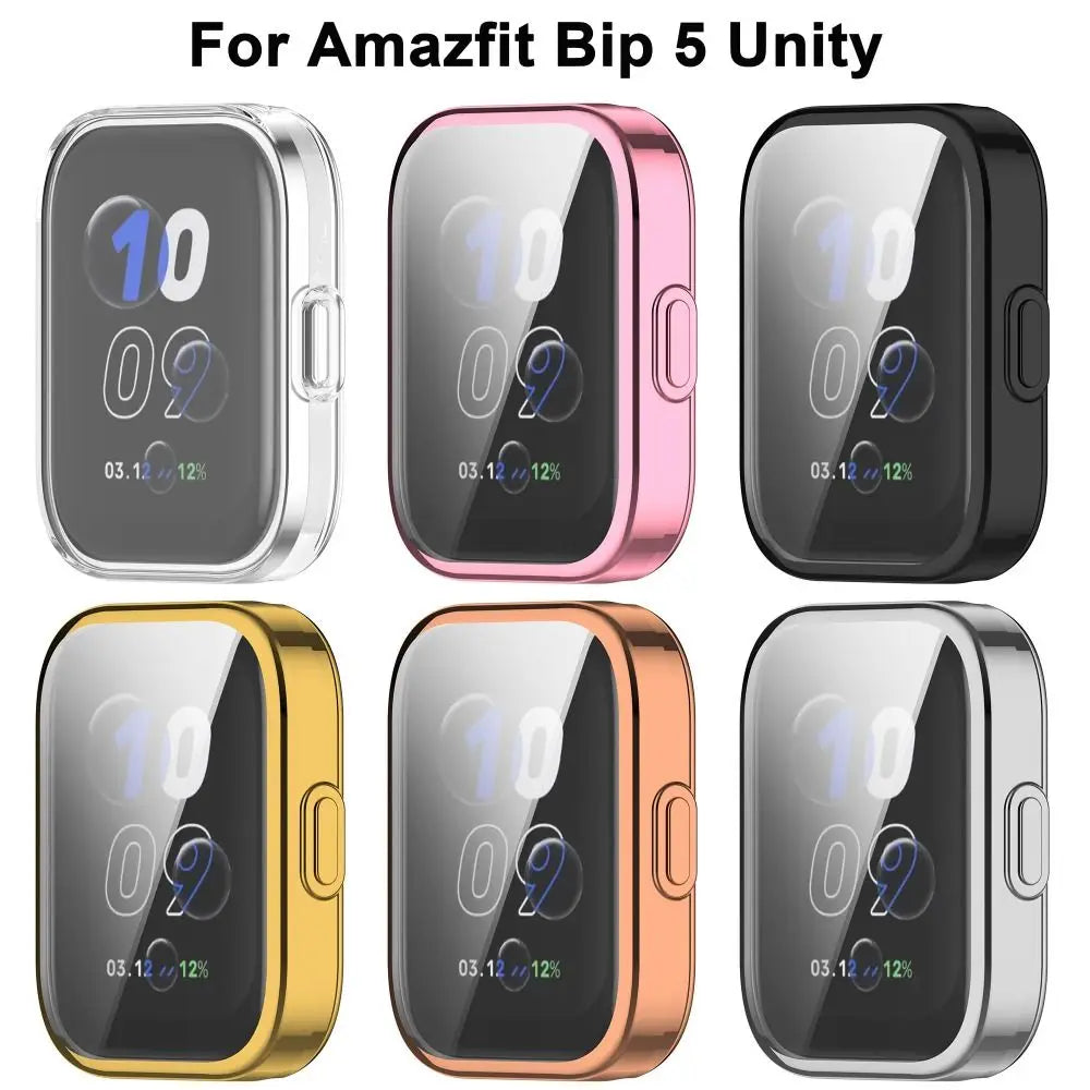 A set of five protective TPU cases for the Amazfit Bip 5 Unity watch in various colors including black, pink, and gold.