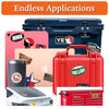 A collection of various products featuring Texas shape flag decals and related items like a cooler, suitcase, and car.
