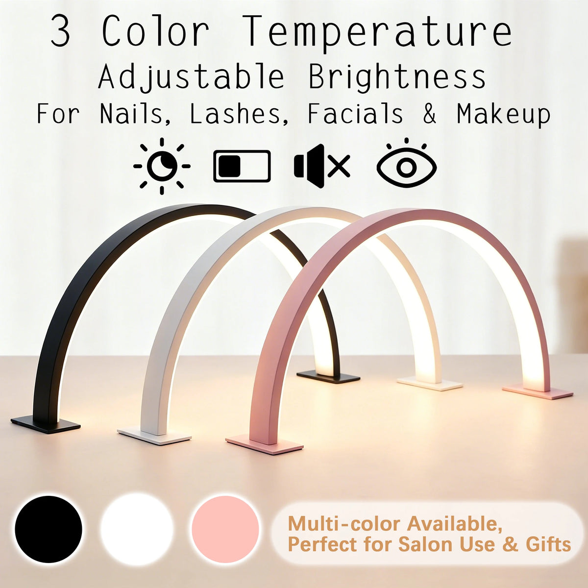 Three color temperature adjustable brightness half-moon LED arc desk lamps for beauty and makeup