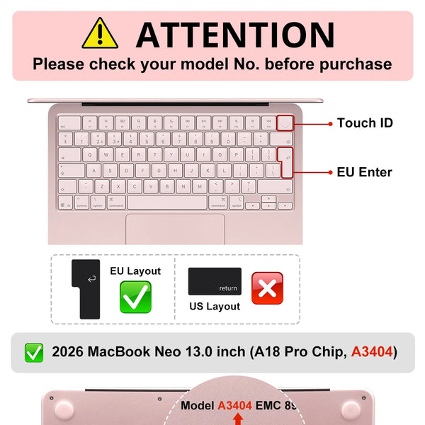 A close-up view of a pink silicone keyboard cover for a MacBook Neo, showing touch ID and EU Enter keys.