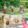 A split image showing outdoor and indoor play with a portable toss and catch ball set for kids and adults.