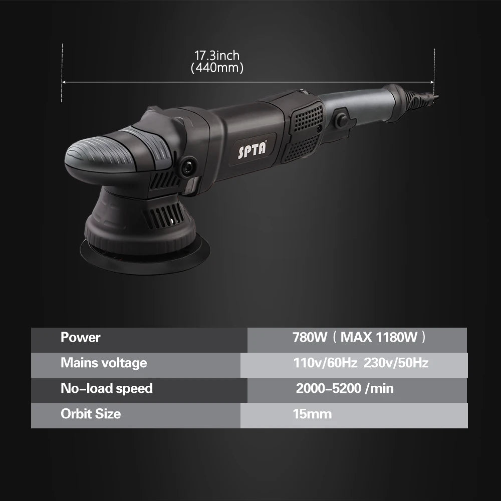 A black dual action polisher with a 15mm orbit tool is shown against a dark background.