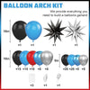 Balloon arch kit showing various colored balloons including black, blue, and red in different sizes