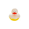 A white rubber duck bath toy with an orange beak and yellow belly.