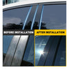Before and after installation comparison of glossy black pillar post trim set for Ford F-150 windows.