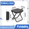 A black foldable loadbearing stool with dimensions 28cm x 26cm, designed for outdoor use.