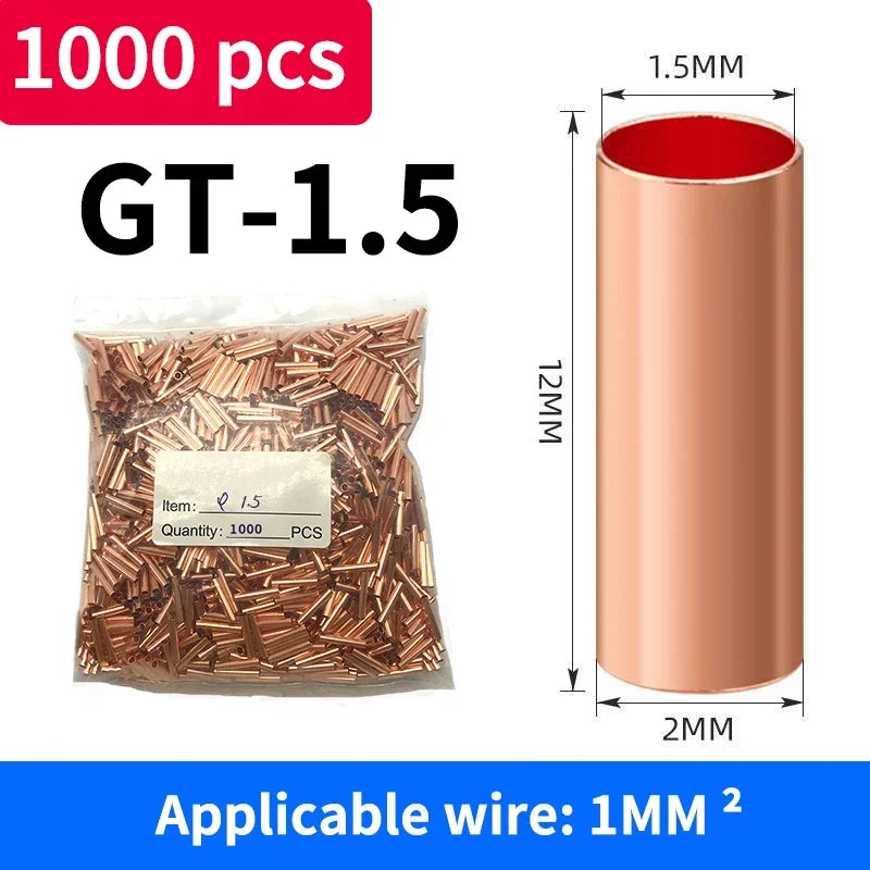 Bag of 1000 pieces of GT-1.5 copper crimping terminals with a 1.5mm outer diameter and 2mm thickness.