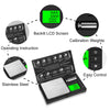 A high-precision digital pocket scale is shown with various components including a backlit LCD screen, calibration weights, a