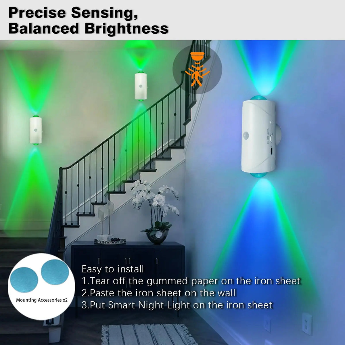 A white rechargeable motion sensor night light illuminates a wall with balanced brightness.