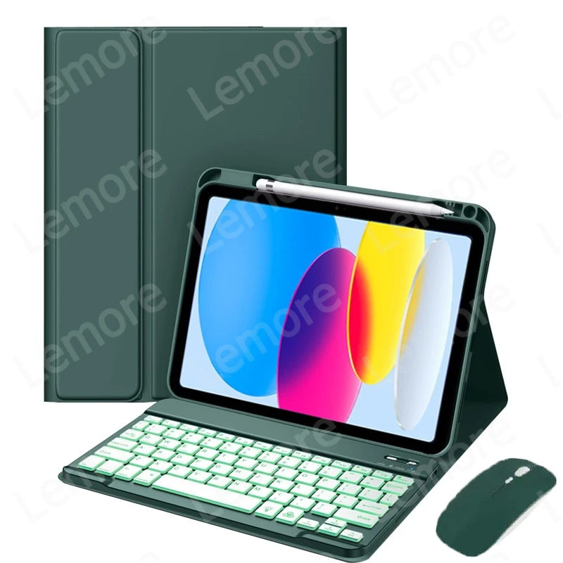 A green iPad keyboard case with a backlit keyboard and pencil holder is shown next to a wireless mouse.