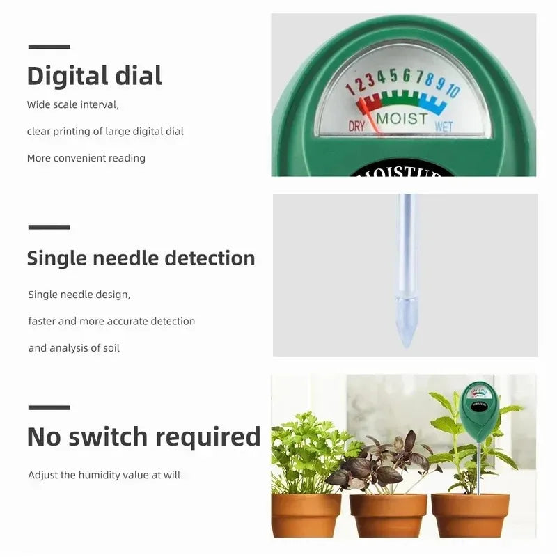 A green digital dial soil meter with dry, moist, and wet indicators.