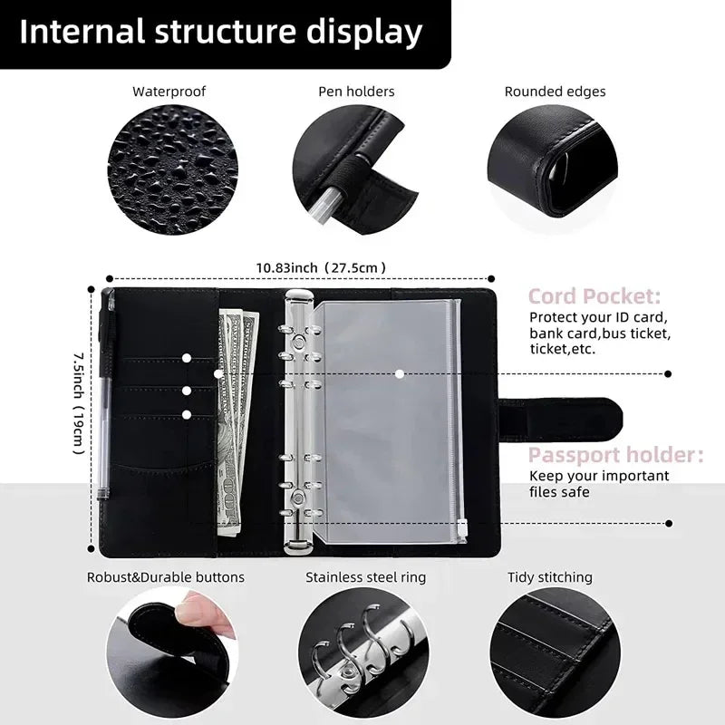 A6 PU Leather Budget Binder with Cash Envelope Organizer