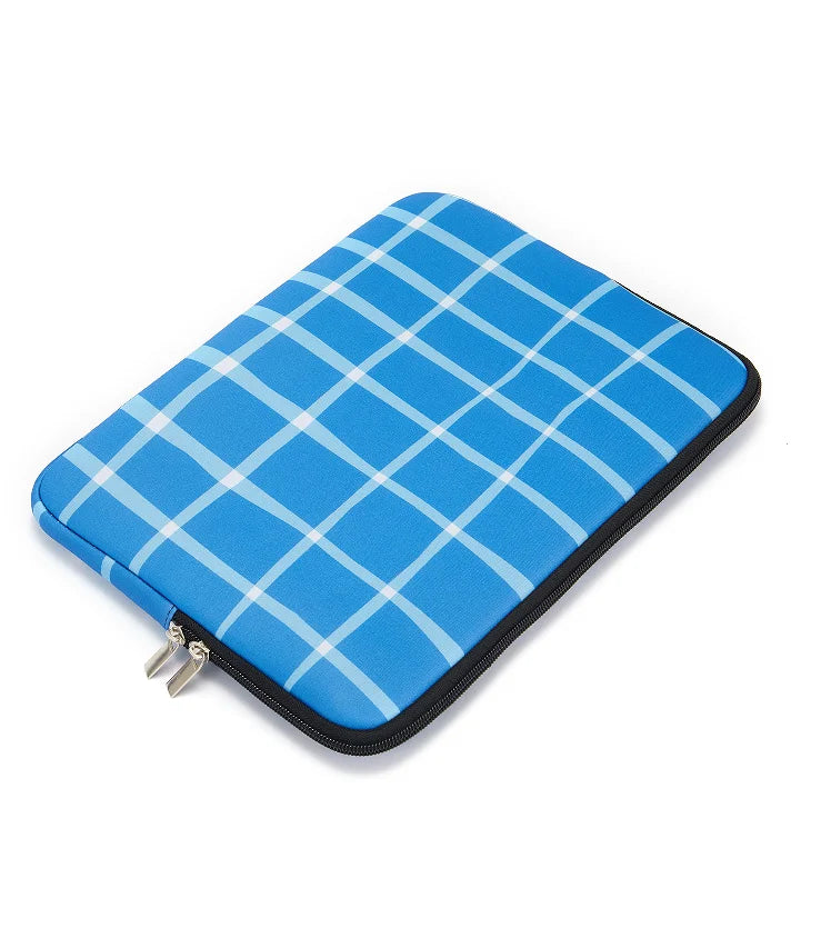 A blue plaid laptop sleeve with a zipper closure.