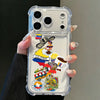 A clear phone case featuring Colombian art, including a figure and the country's flag, held by a hand.