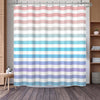 A shower curtain featuring horizontal stripes in shades of pink, beige, blue, and lavender.