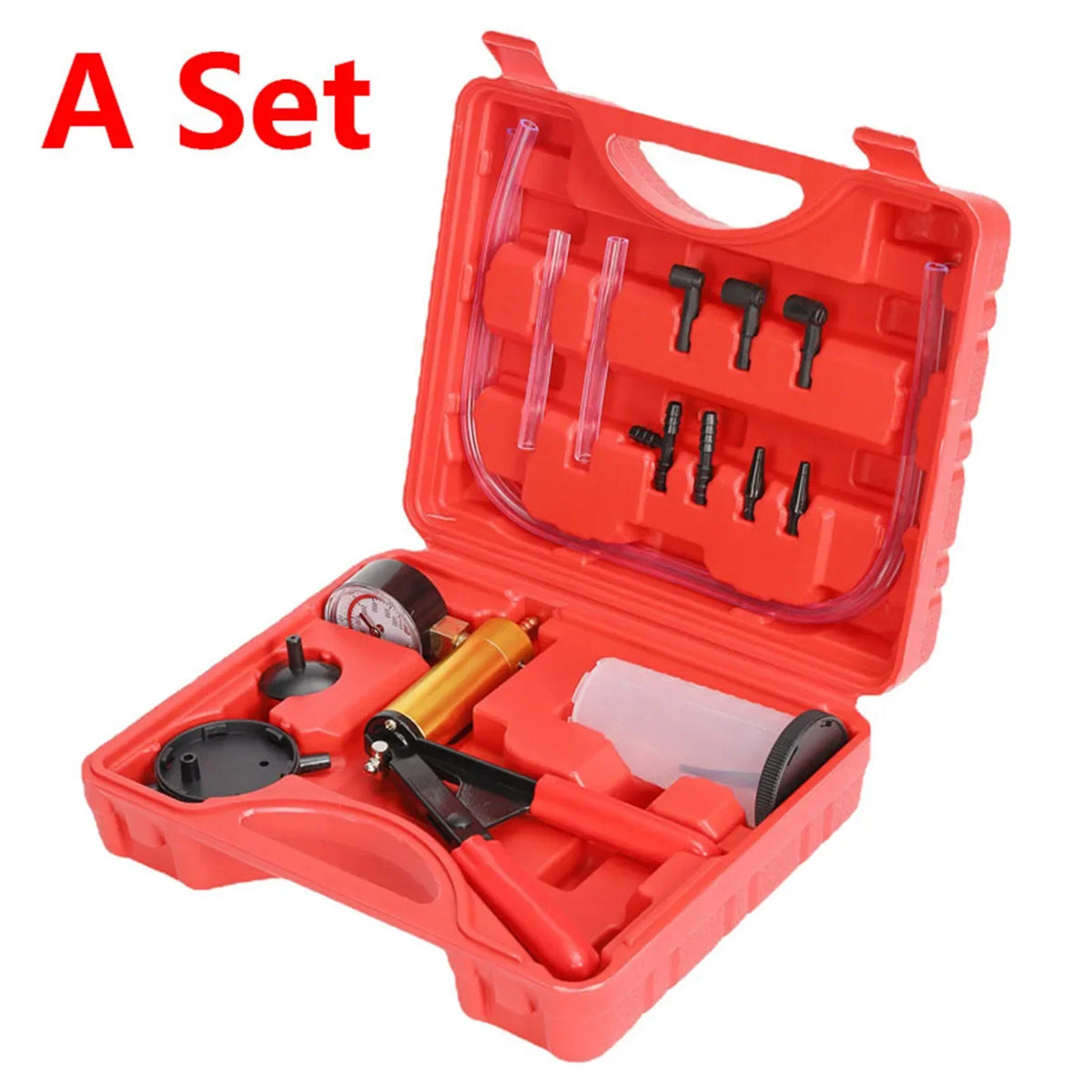 A set of professional brake bleeder and vacuum pump kit with gauge in a red plastic case