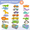 A collection of wooden animal and vehicle puzzles packaged in various storage boxes.