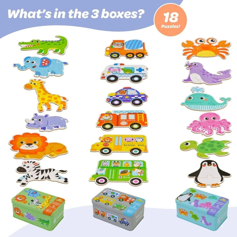 A collection of wooden animal and vehicle puzzles packaged in various storage boxes.