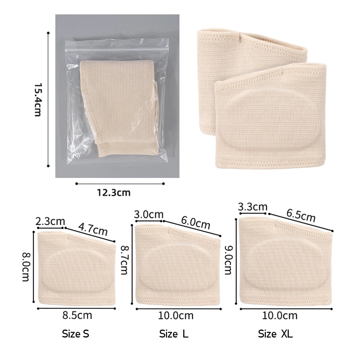Three sizes of beige gel forefoot cushion pads shown with dimensions for foot pain relief.