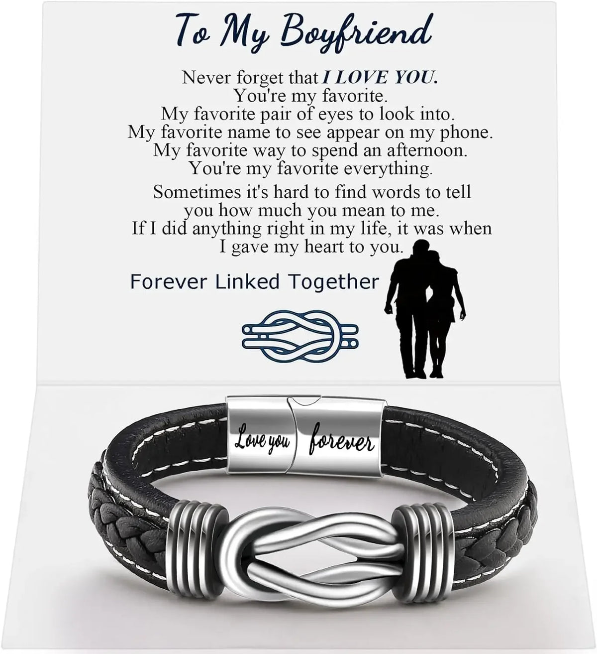 A black leather bracelet with a silver infinity knot design is displayed on a white card.