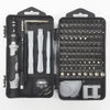A black case containing a 115-in-1 precision screwdriver set with various chrome-vanadium steel bits and tools.