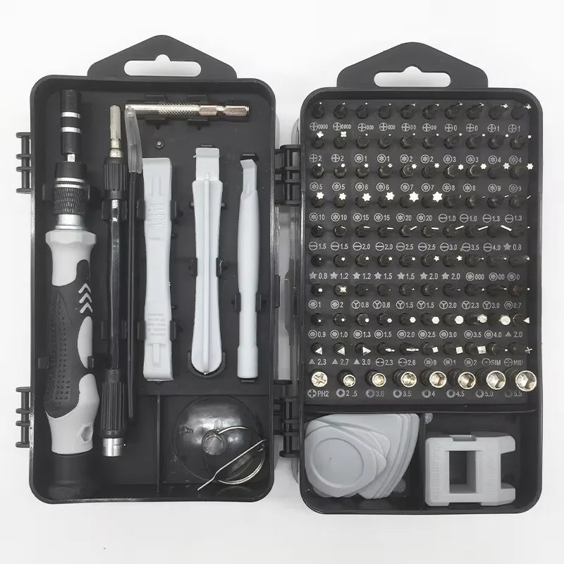A black case containing a 115-in-1 precision screwdriver set with various chrome-vanadium steel bits and tools.