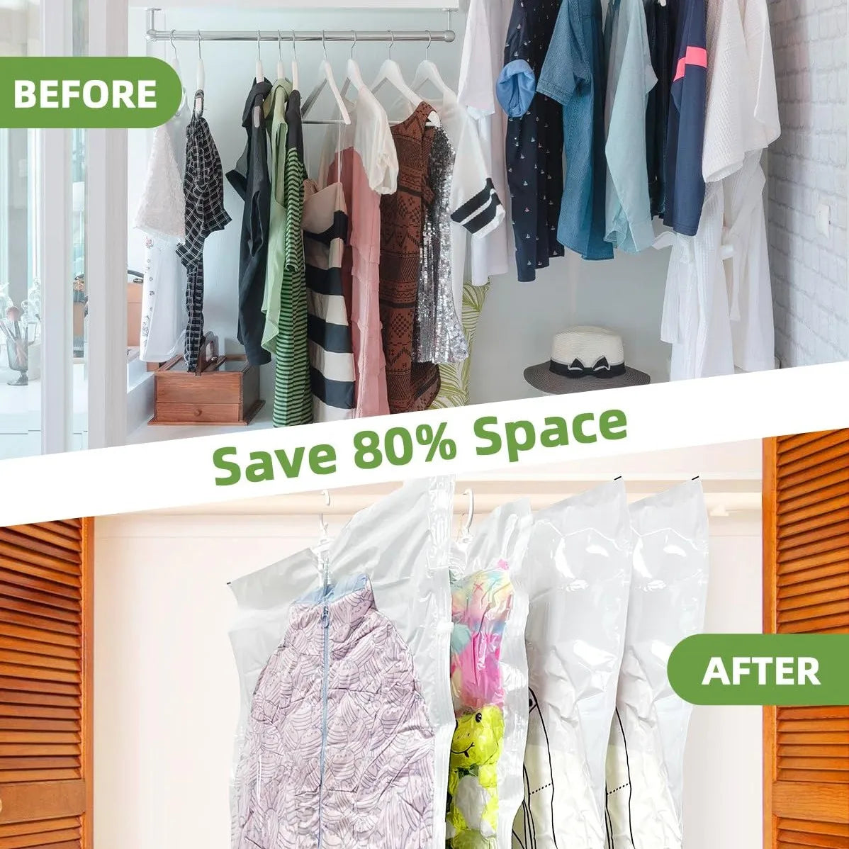 Before and after comparison showing hanging vacuum storage bags for clothes used to save space in a closet.