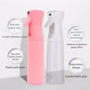 A pink and white refillable mist spray bottle with a delicate nozzle and ergonomic design.