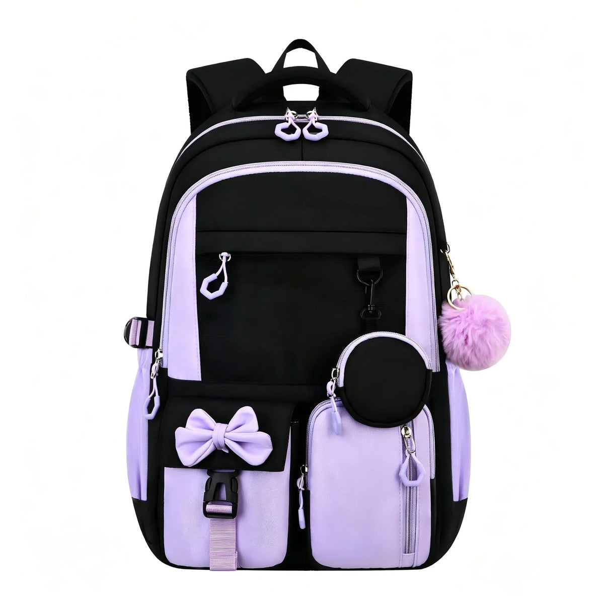 A black and light purple backpack set for girls featuring a laptop compartment and decorative elements.